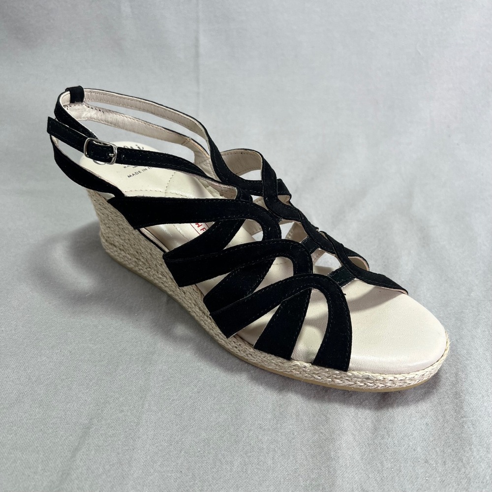 Amalfi Rangoni Luca Black Cashmere Wedge Sandals Suede Espadrille Ankle Strap 8W
